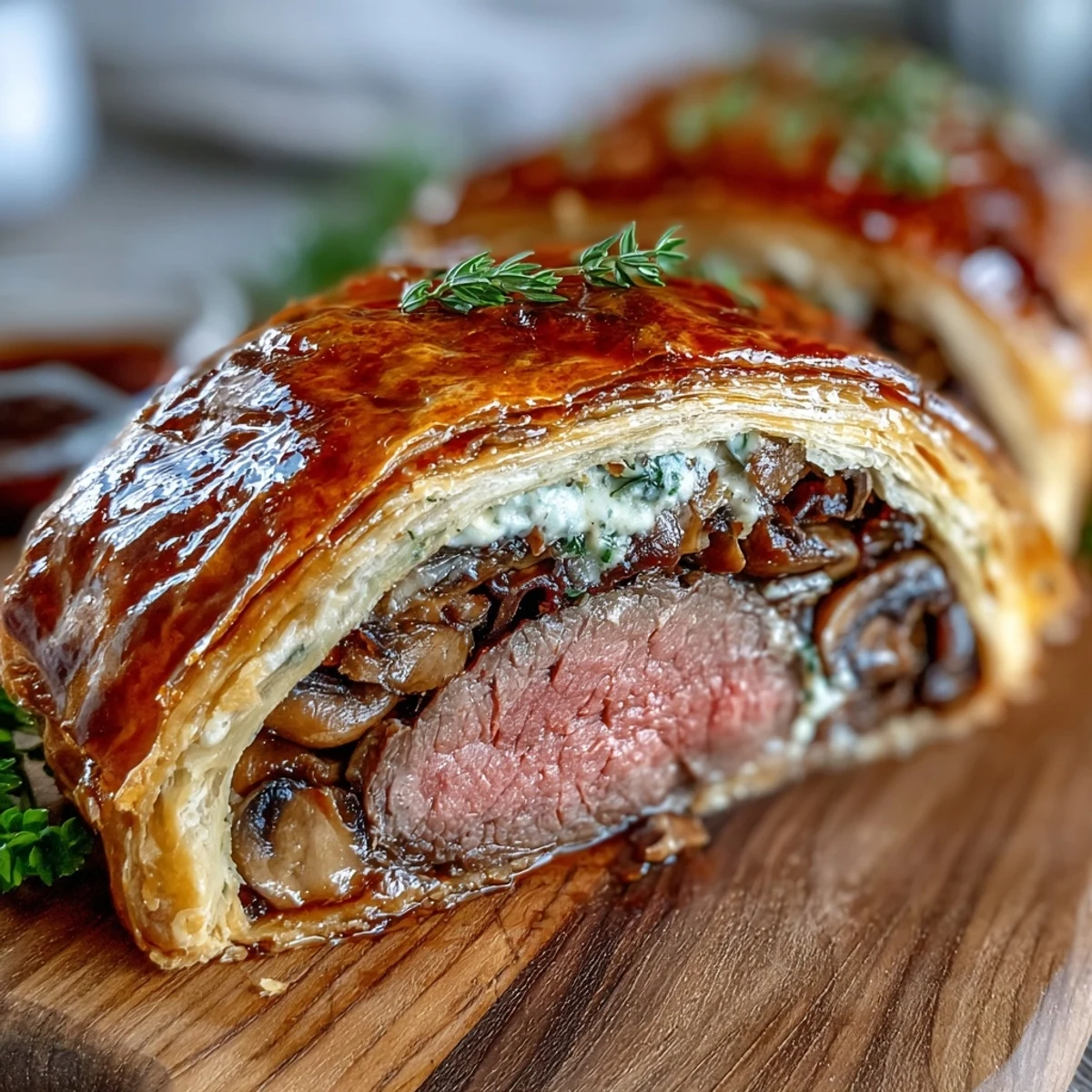 Golden, flaky puff pastry encases tender beef fillet with mushroom duxelles in this Beef Wellington.