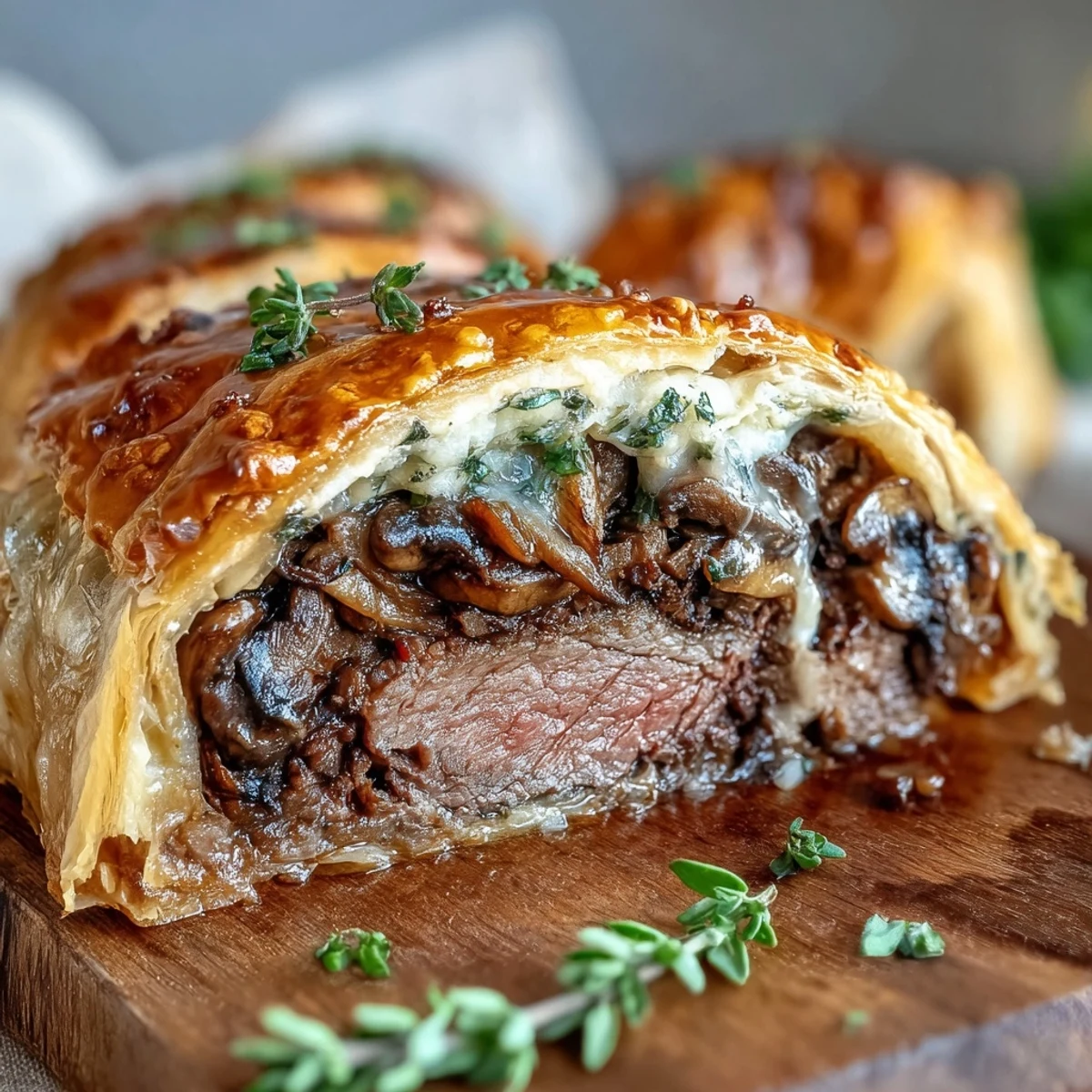 Sliced on a wooden board, the Beef Wellington reveals juicy pink center and rich savory filling.