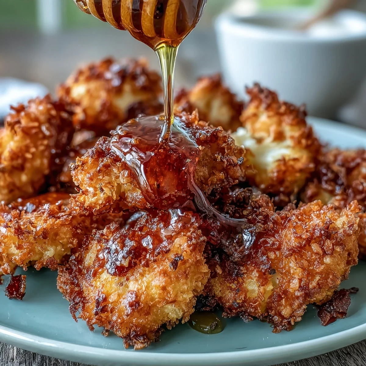 Golden-brown Crunchy Baked Hot Honey Cauliflower bites glistening with spicy glaze on a platter with ranch dip.