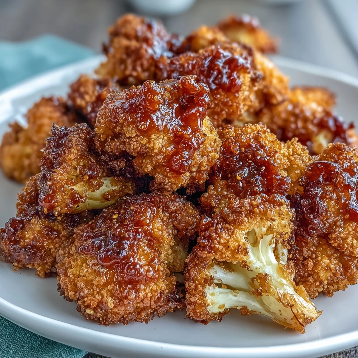 Crunchy Baked Hot Honey Cauliflower florets piled high, showing a crispy crust and drizzled with sweet heat sauce.