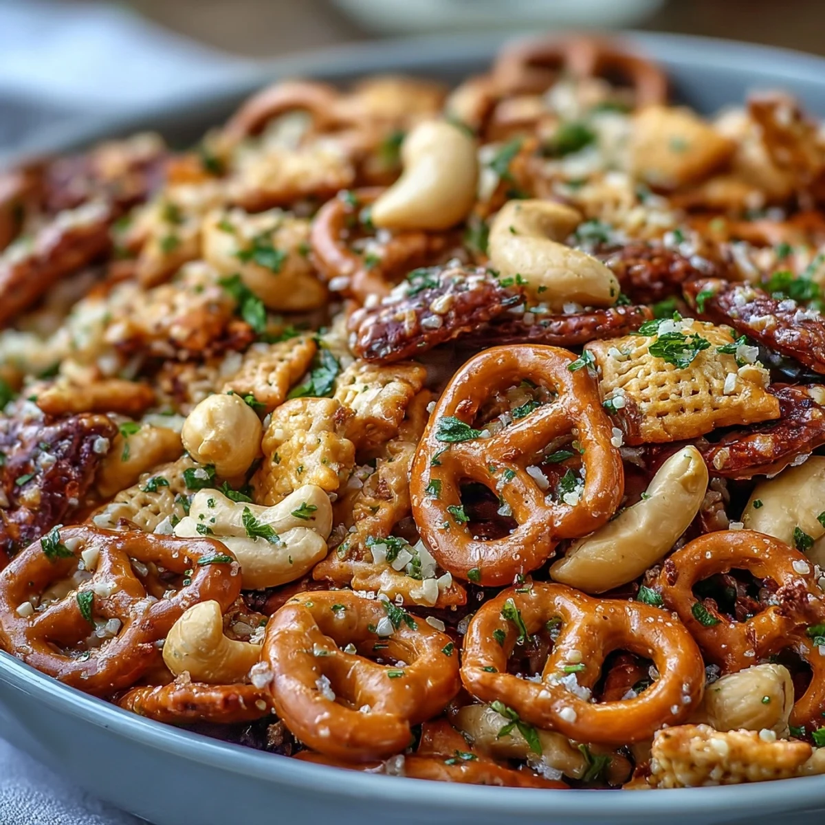 Freshly baked Everything Ranch Cheese and Pretzel Snack Mix cooling on a rustic wooden board, revealing toasted cashews and rye chips coated in savory herbs.