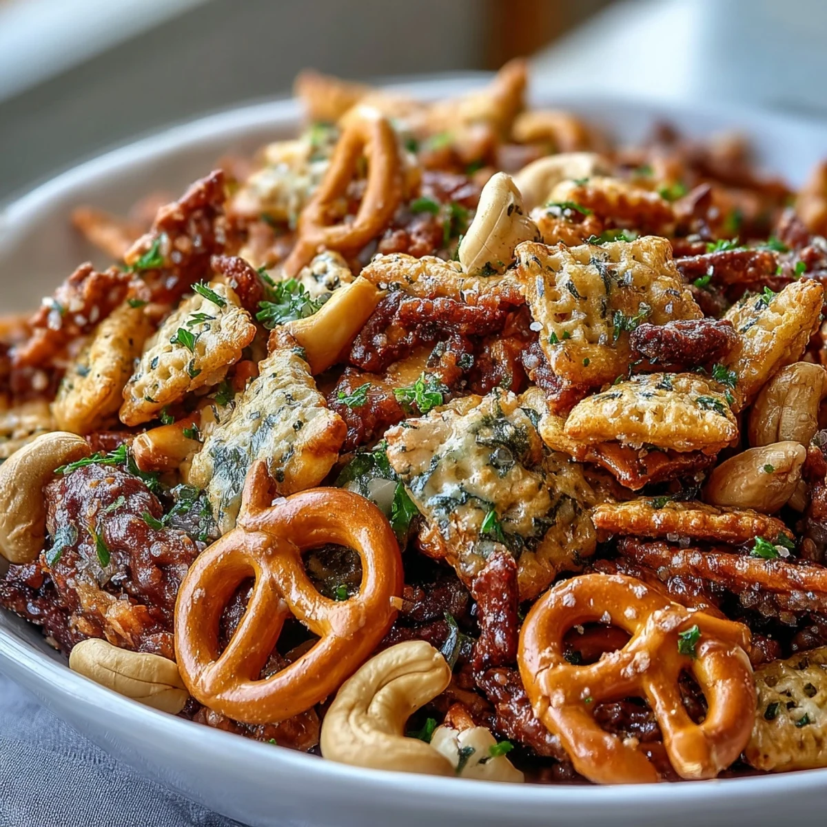 A close-up view of Everything Ranch Cheese and Pretzel Snack Mix, highlighting the textured everything bagel seasoning and melted cheese bits on a dark serving platter.