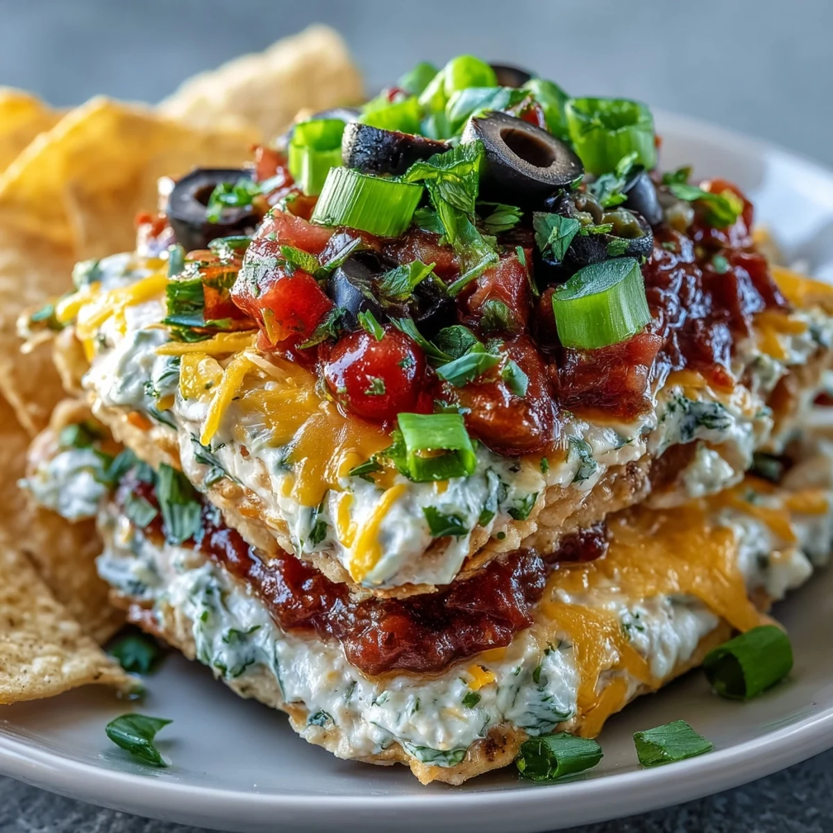 A close-up of 4-Way Layered Dip with vibrant red salsa, green onions, and black olives atop a creamy white layer, served with tortilla chips.  