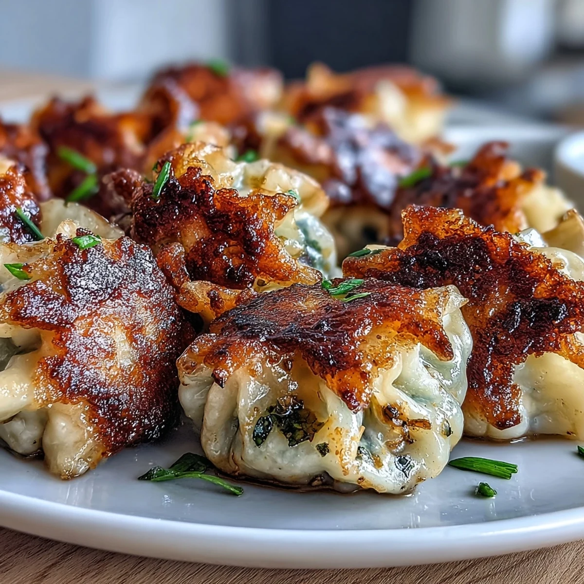 Four freshly fried Smash Dumplings arranged on a white plate with a small bowl of chili oil dipping sauce.