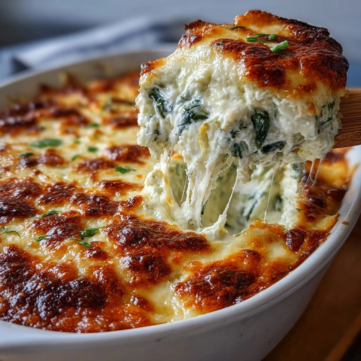 Creamy Spinach Artichoke Dip fresh from the oven, garnished with fresh spinach leaves and a warm, inviting texture perfect for party appetizers.