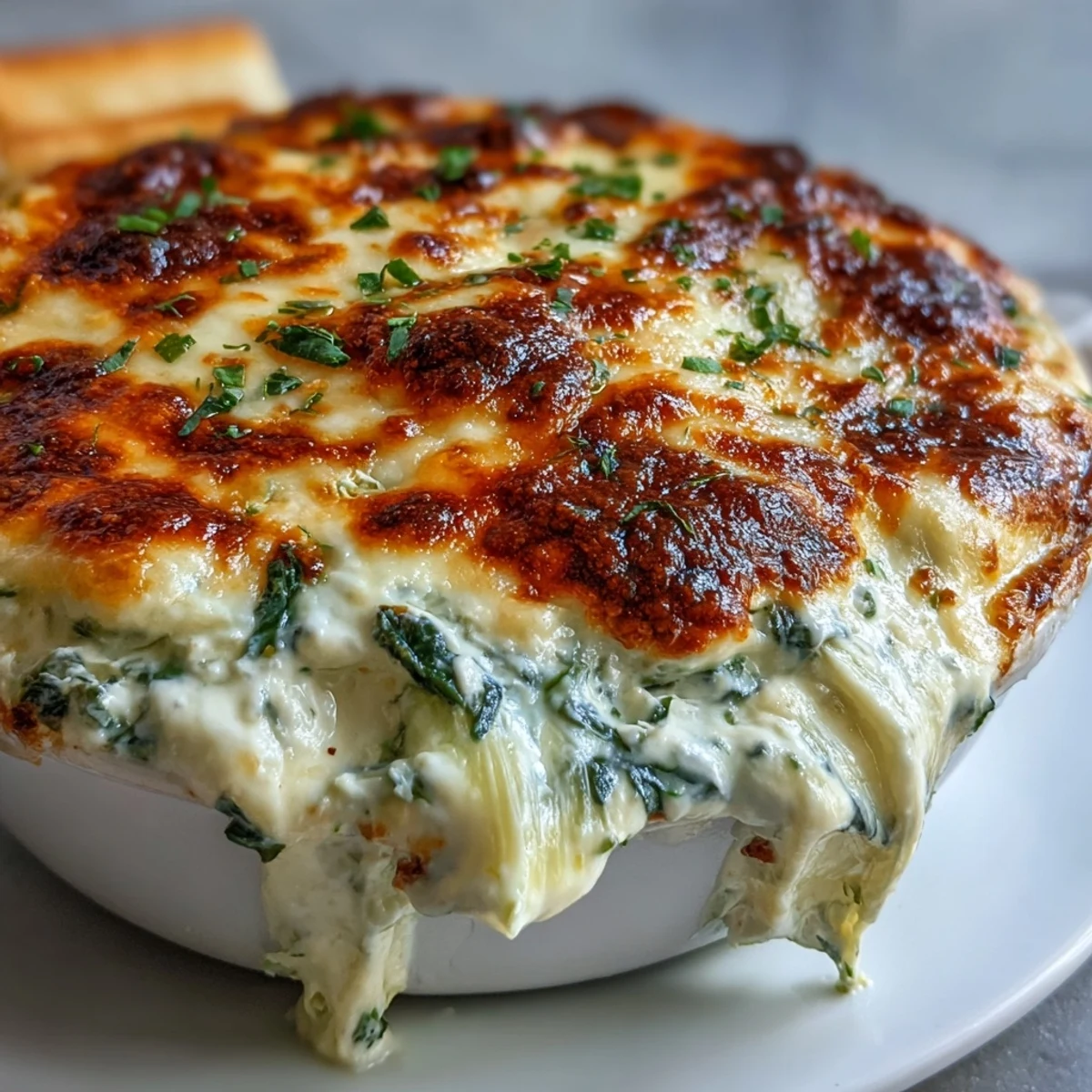 Rich and cheesy Spinach Artichoke Dip in a ceramic baking dish, surrounded by sliced baguette and colorful vegetable sticks for serving.