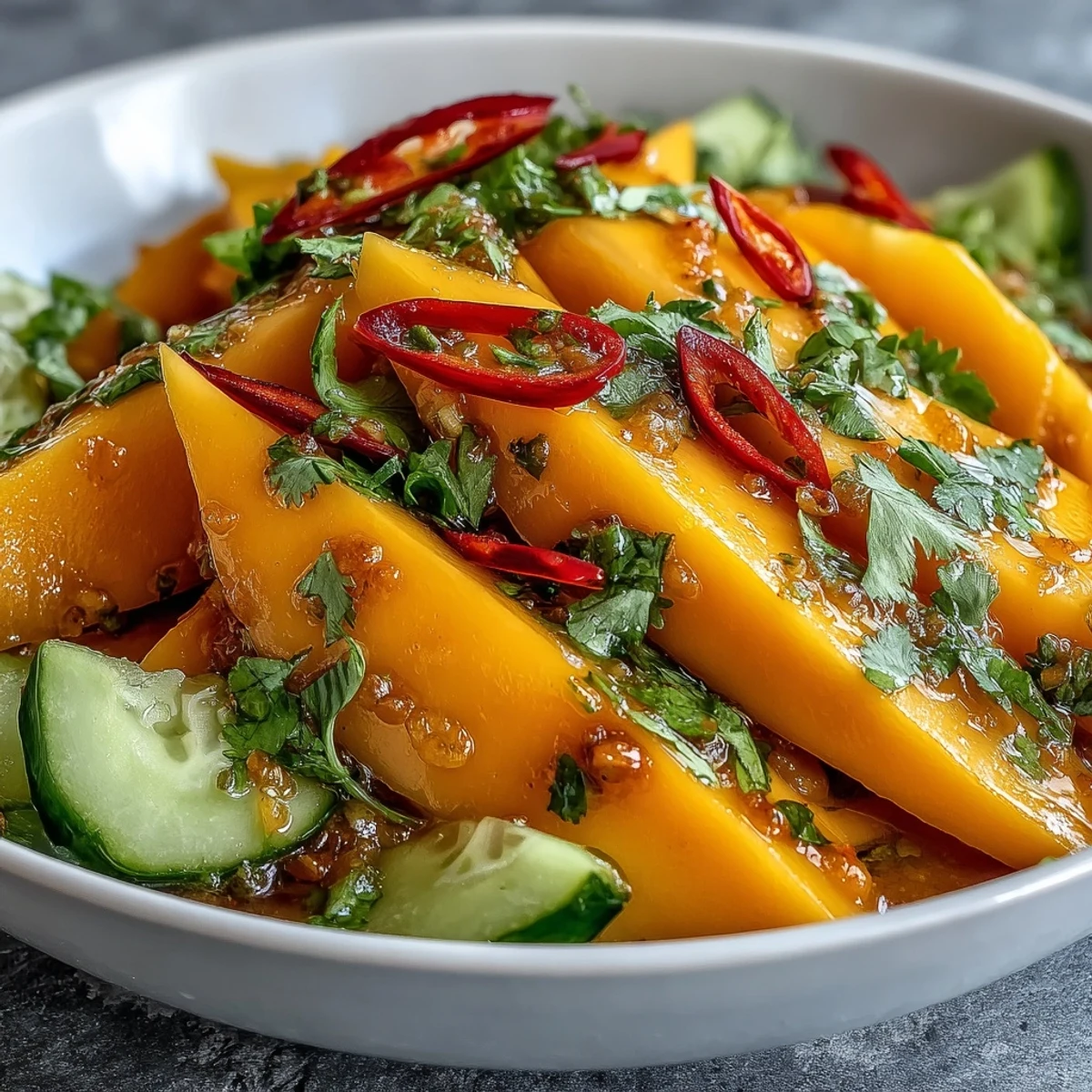 Bright strips of ripe mango, crisp red bell pepper, and cucumber in a Refreshing Mango Salad with Lime Dressing, flecked with cilantro.