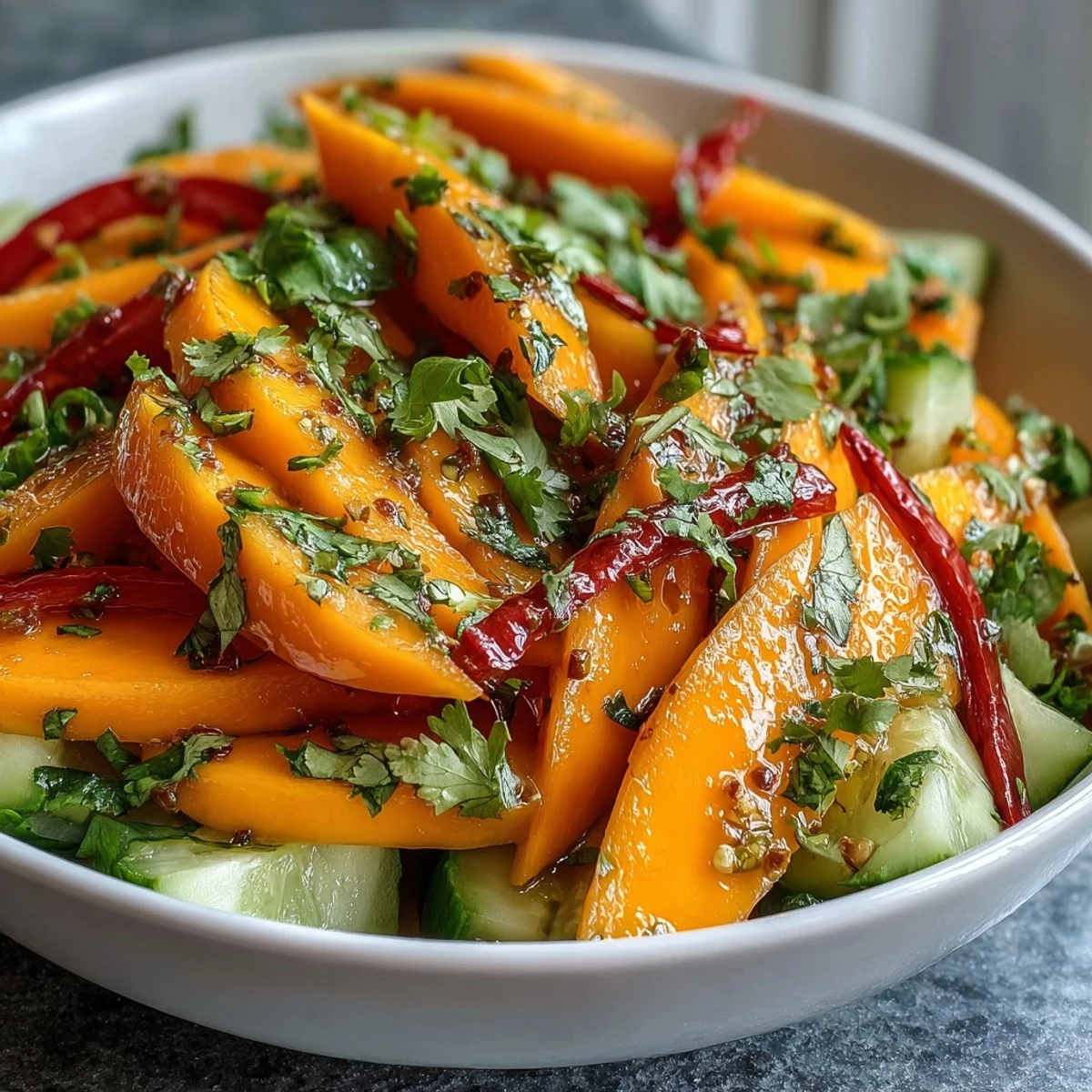 Serving suggestion for Refreshing Mango Salad with Lime Dressing, a chilled bowl of sweet mango tossed with red onion, cilantro, and chilies.