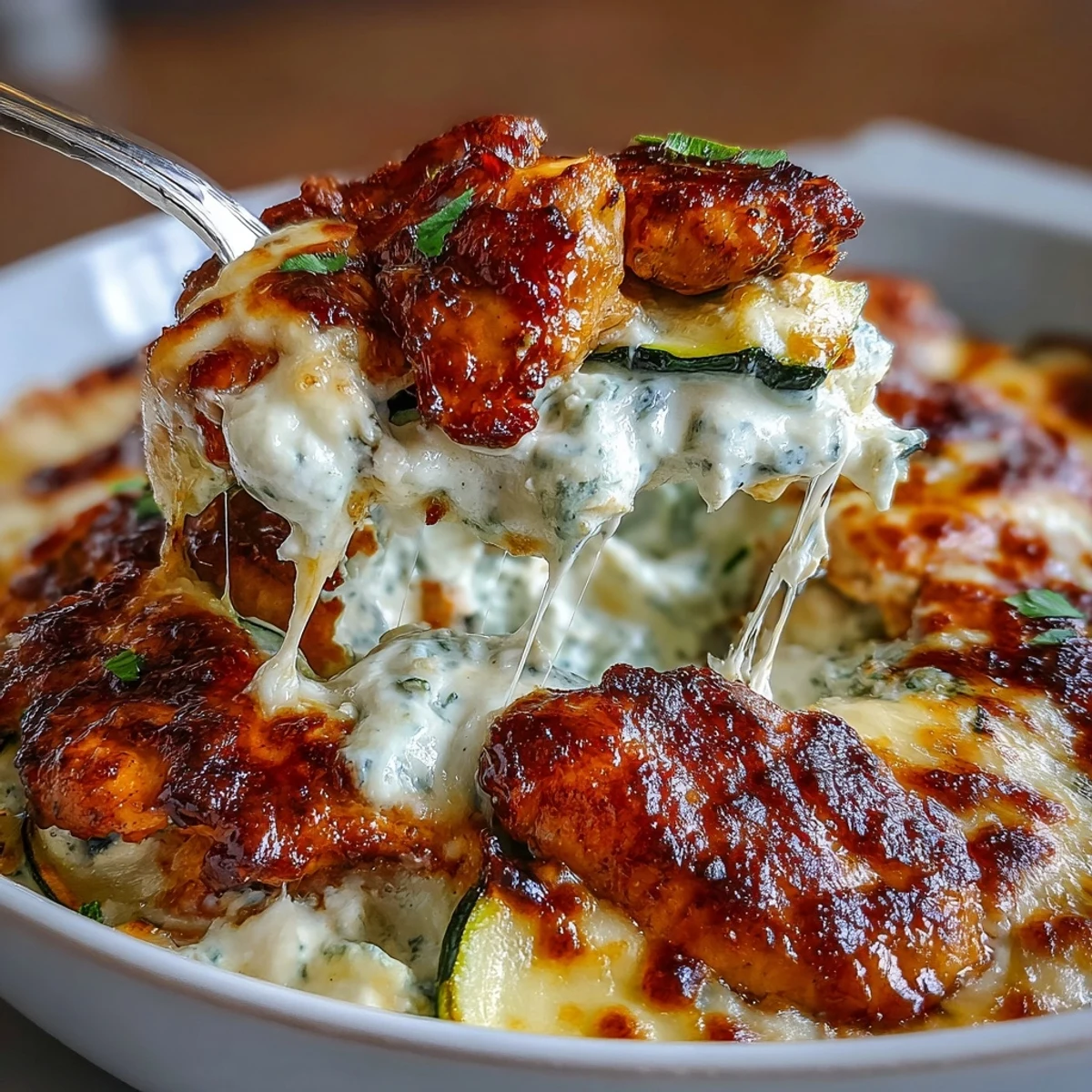 Layered High Protein Chicken Zucchini Bake fresh from the oven, showcasing crisp zucchini slices and a creamy, cheesy topping.