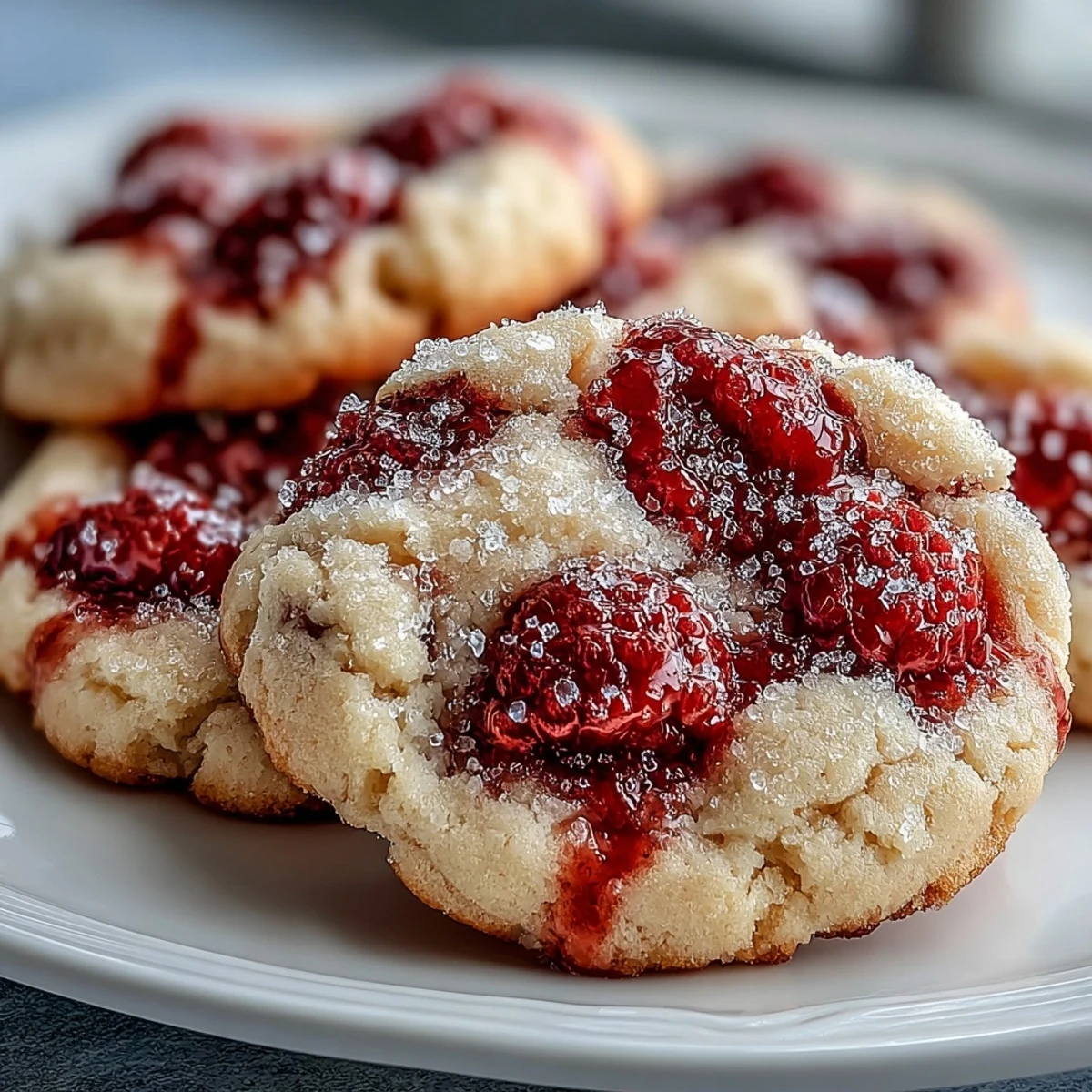 Golden-edged Soft Chewy Raspberry Sugar Cookies rolled in pink sugar crystals beside a glass of cold milk.
