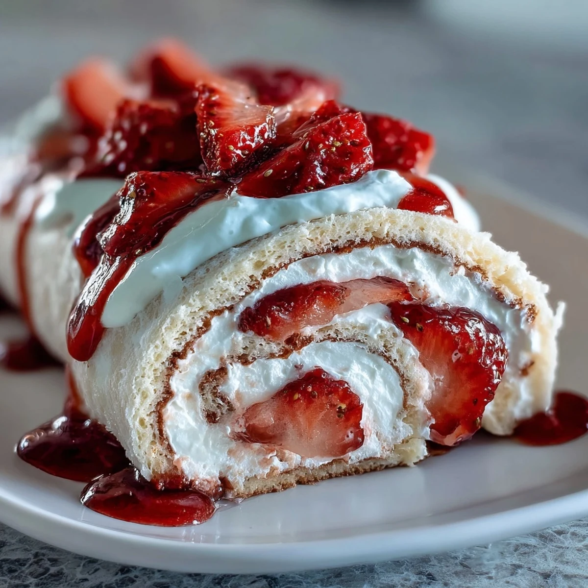 A close-up of the Strawberry Shortcake Sushi Roll dessert, showing its vibrant red berries and creamy white layers.