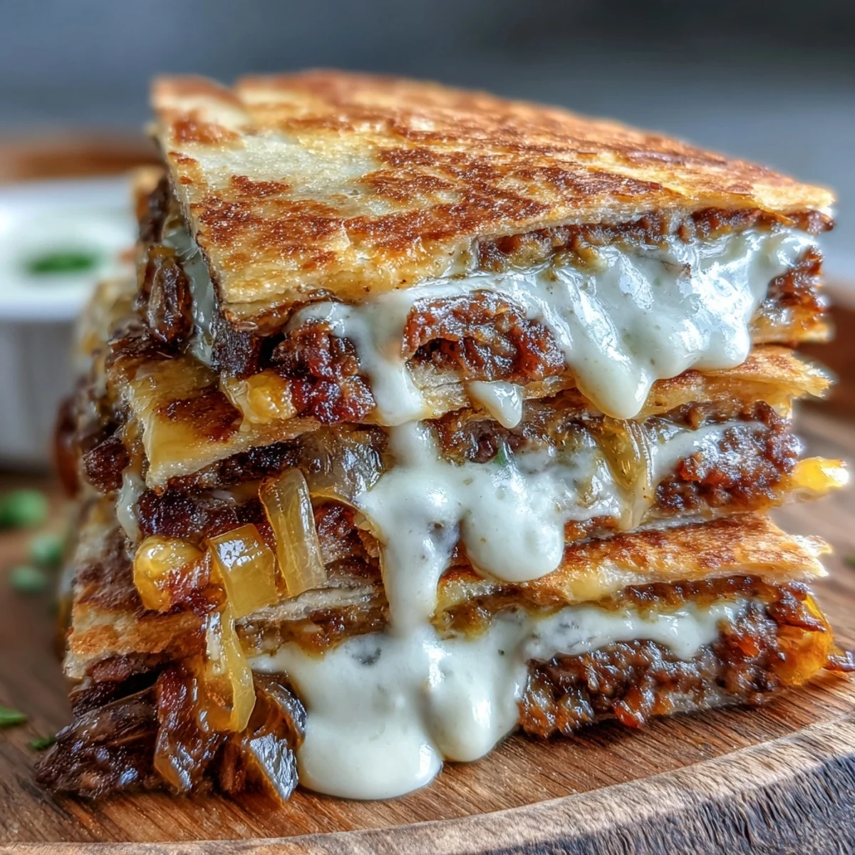 A close-up of a Cheesy Griddled Smashburger Quesadilla on a griddle, featuring a punchy mayo-mustard sauce drizzle and golden crust.