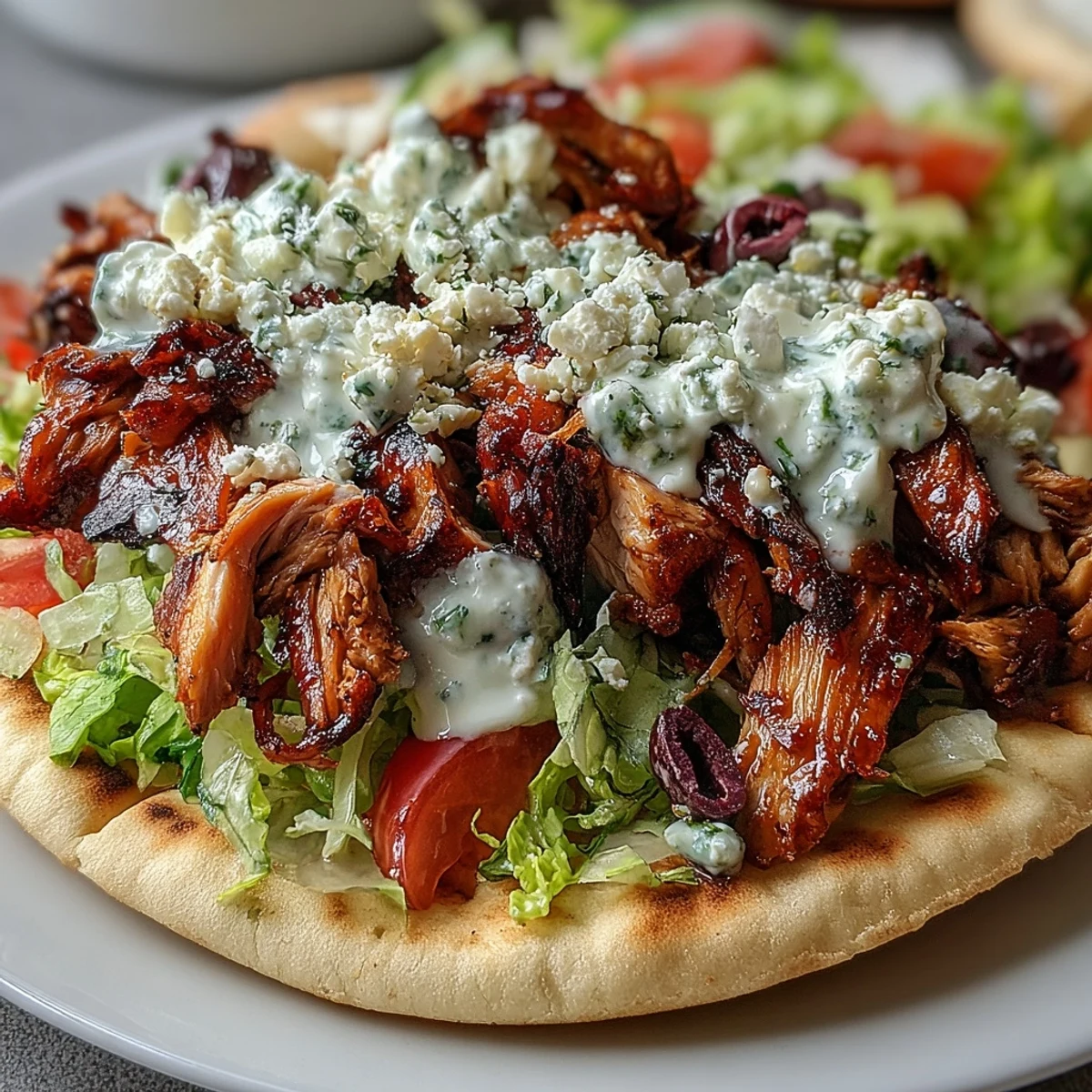 Golden-brown, charred Mediterranean Chicken Gyros with creamy feta tzatziki spilling from a warm pita, topped with fresh tomatoes and olives.
