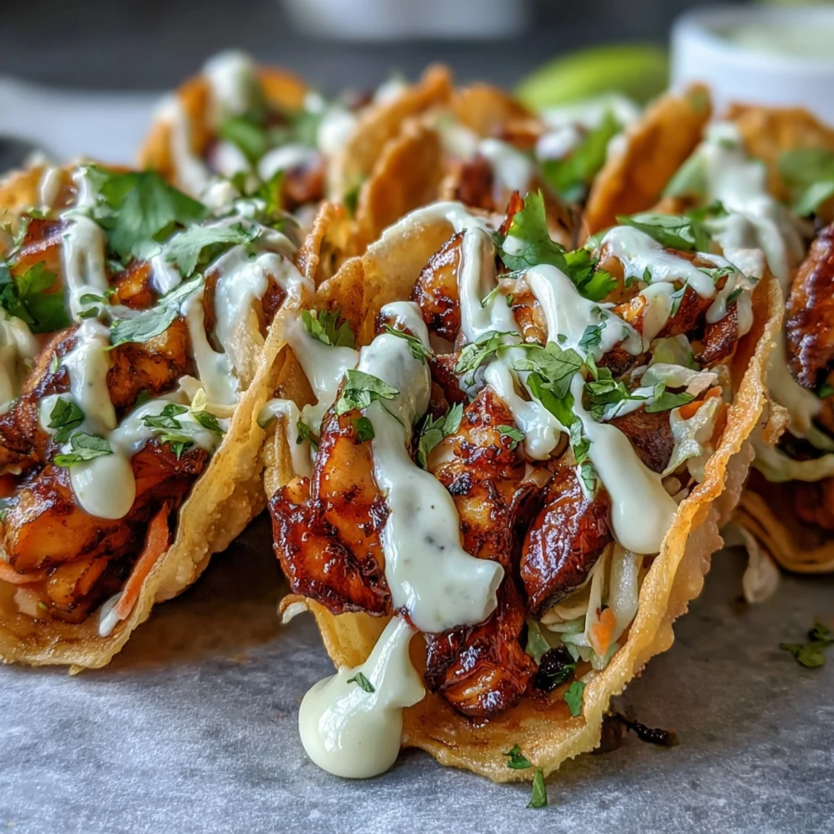 Golden, crispy wonton shells are filled with ginger-marinated chicken, tangy slaw, and a drizzle of creamy sriracha mayo.