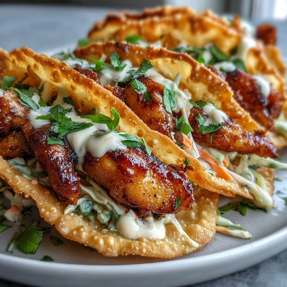 A platter of Asian fusion Crispy Chicken Wonton Tacos topped with shredded red cabbage and green onions, ready to eat.