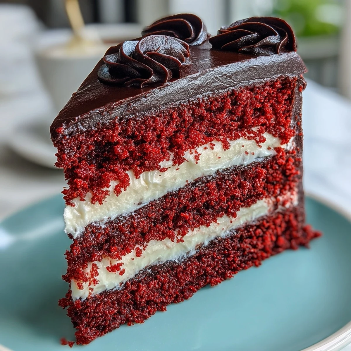Slice of Betty Boop Cake revealing tender red crumb, tangy frosting, and cartoon-style fondant decorations on a plate.