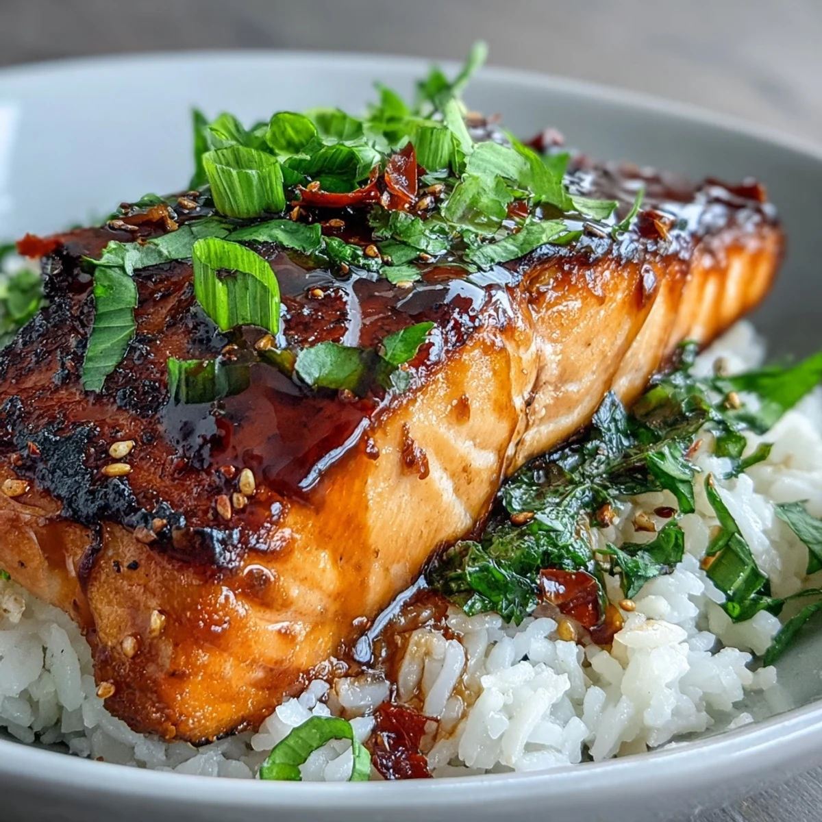 Savory-sweet teriyaki salmon bowl with flaky fish glazed in glossy sauce, served over fluffy rice and crisp veggies.