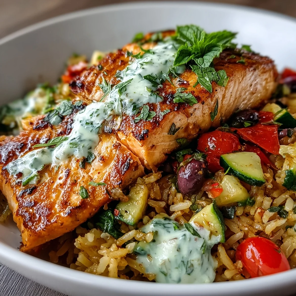 A vibrant serving of Crispy Rice Salmon Bowl with lemon wedges and Greek yogurt sauce.