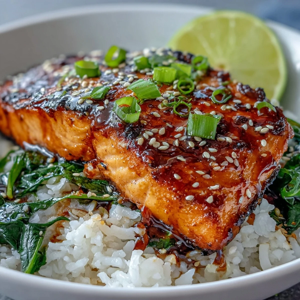 Miso Glazed Salmon Bowl served in a ceramic bowl with bright spinach, fluffy rice, and a glossy miso glaze under warm lighting.