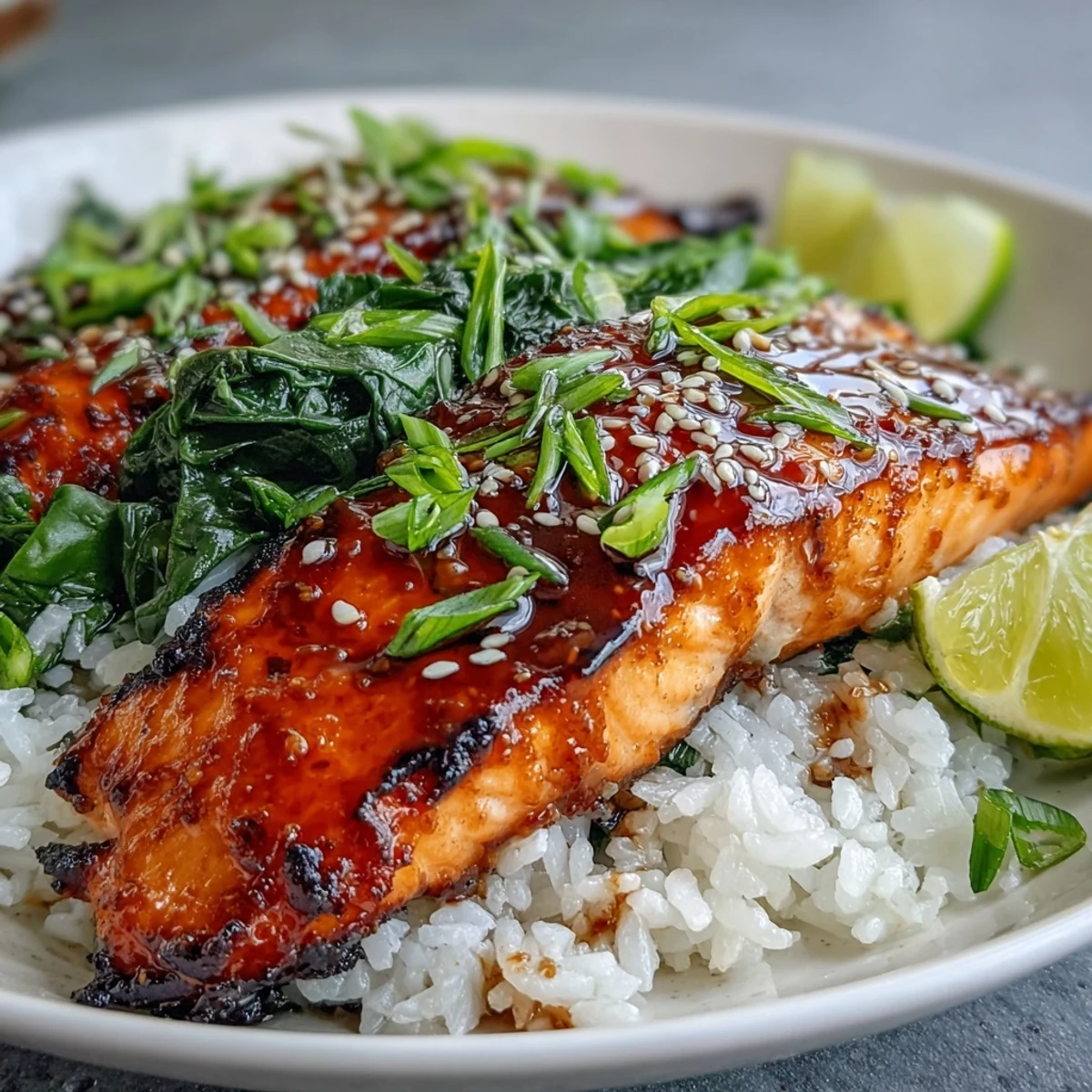 Overhead view of a Miso Glazed Salmon Bowl topped with nori strips and lime wedges, perfect for a healthy, balanced dinner.