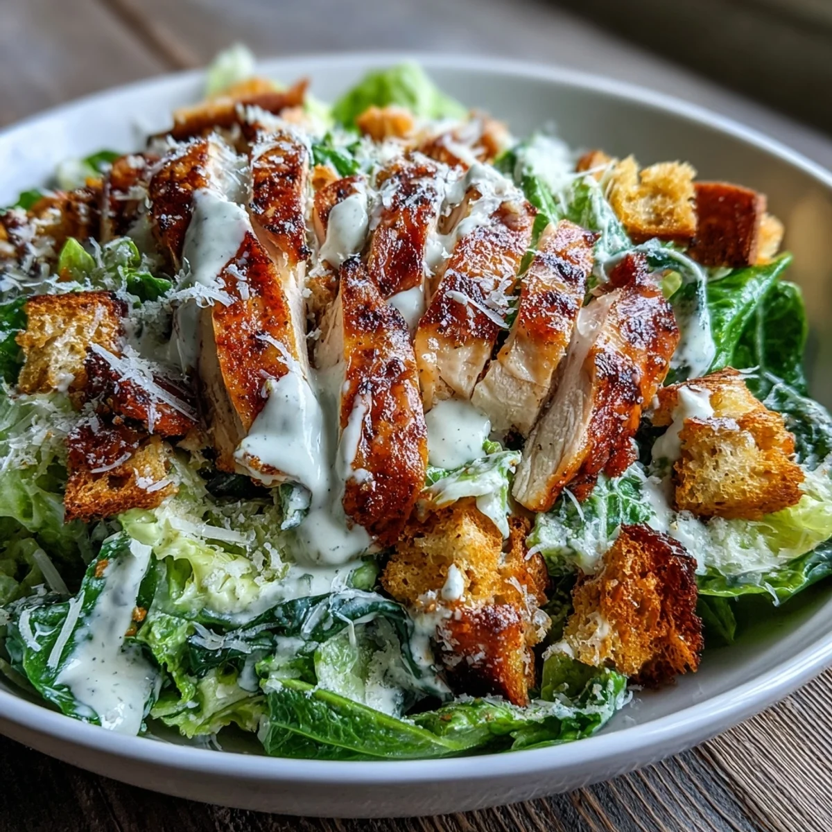 Juicy grilled chicken slices and crisp romaine lettuce topped with crunchy croutons and creamy Caesar dressing in a Caesar Chicken Bowl.