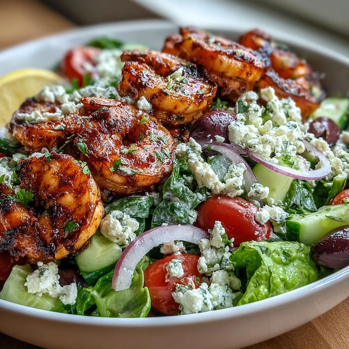 Greek Shrimp Bowl with grilled pink shrimp, creamy feta, and briny Kalamata olives on crisp greens.