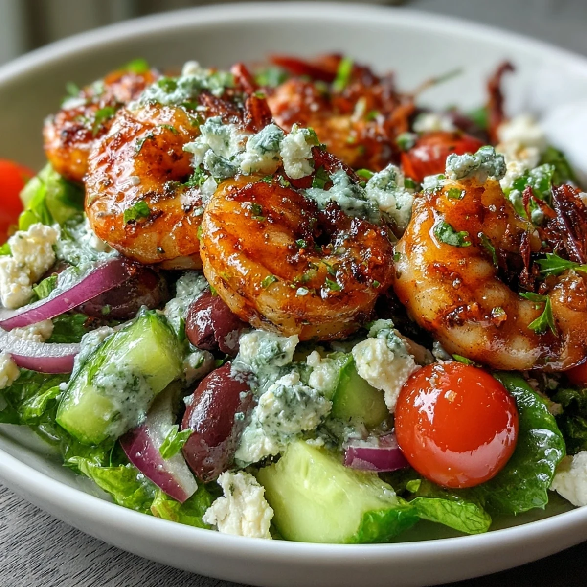 Plated Greek Shrimp Bowl featuring warm grilled shrimp over salad with feta, red onion, and olives.