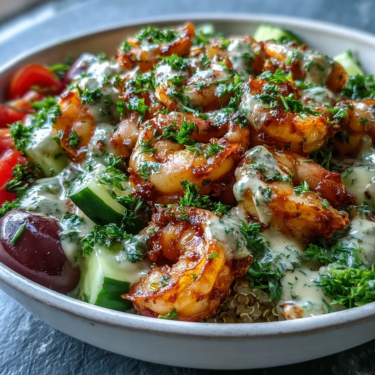 Close-up of a Mediterranean Shrimp Bowl featuring succulent shrimp, cucumber, tomatoes, and a drizzle of tahini dressing.