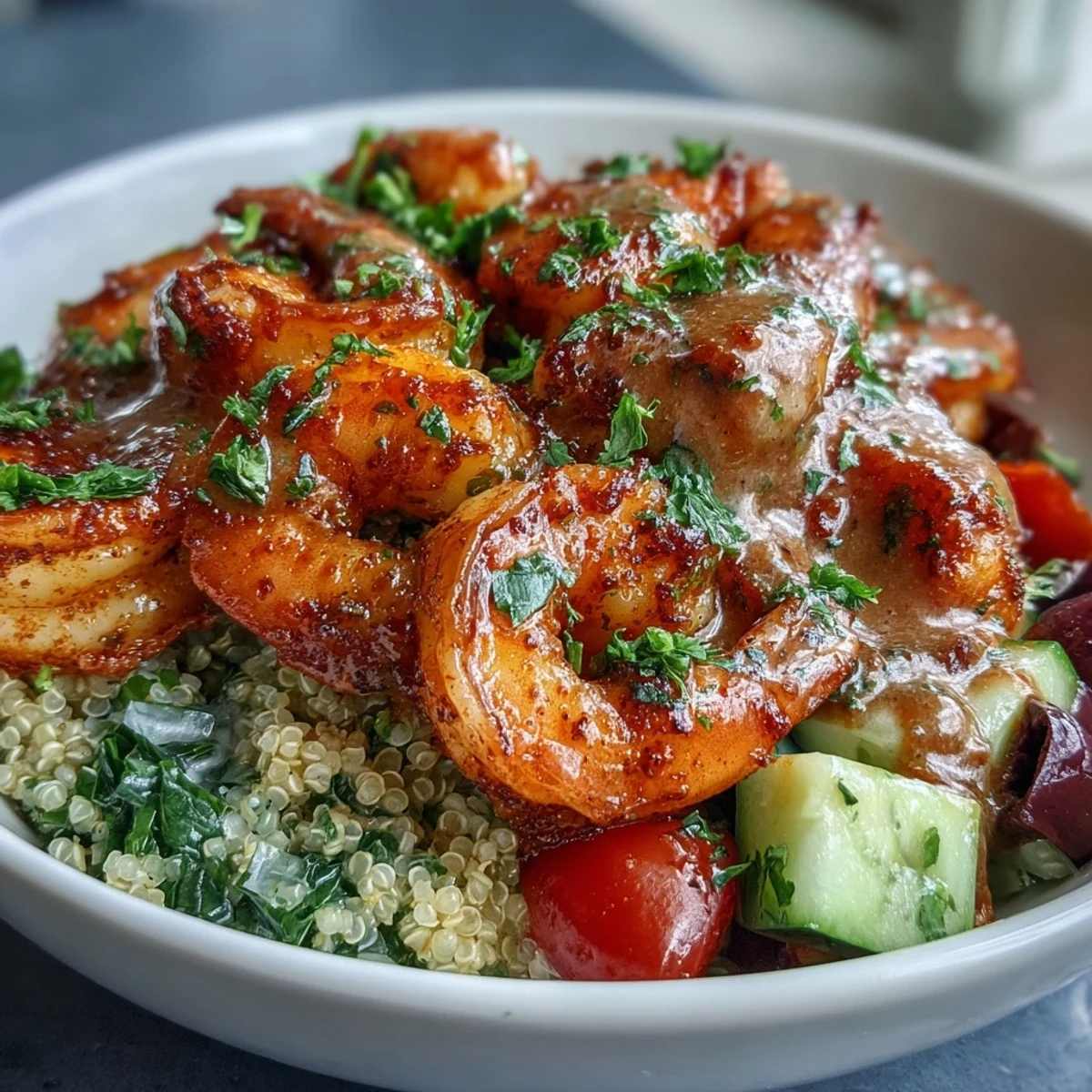 A vibrant Mediterranean Shrimp Bowl with seared shrimp, quinoa, and fresh vegetables drizzled with creamy tahini sauce.