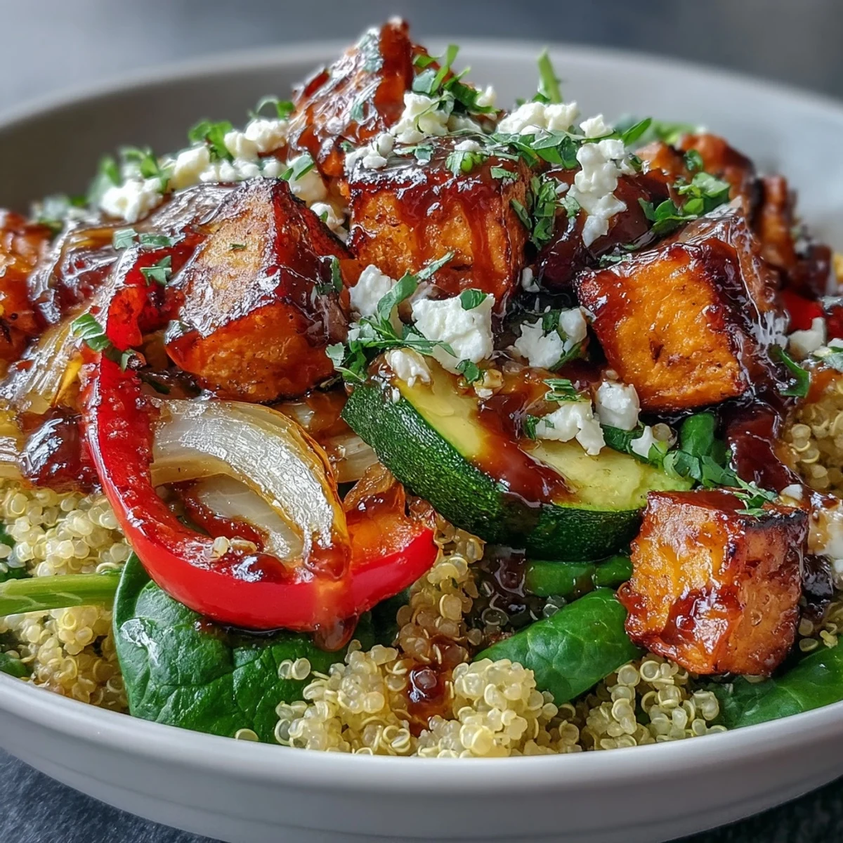 Warm salad bowl with roasted sweet potato, bell peppers, and wilted spinach topped with crumbled feta cheese.