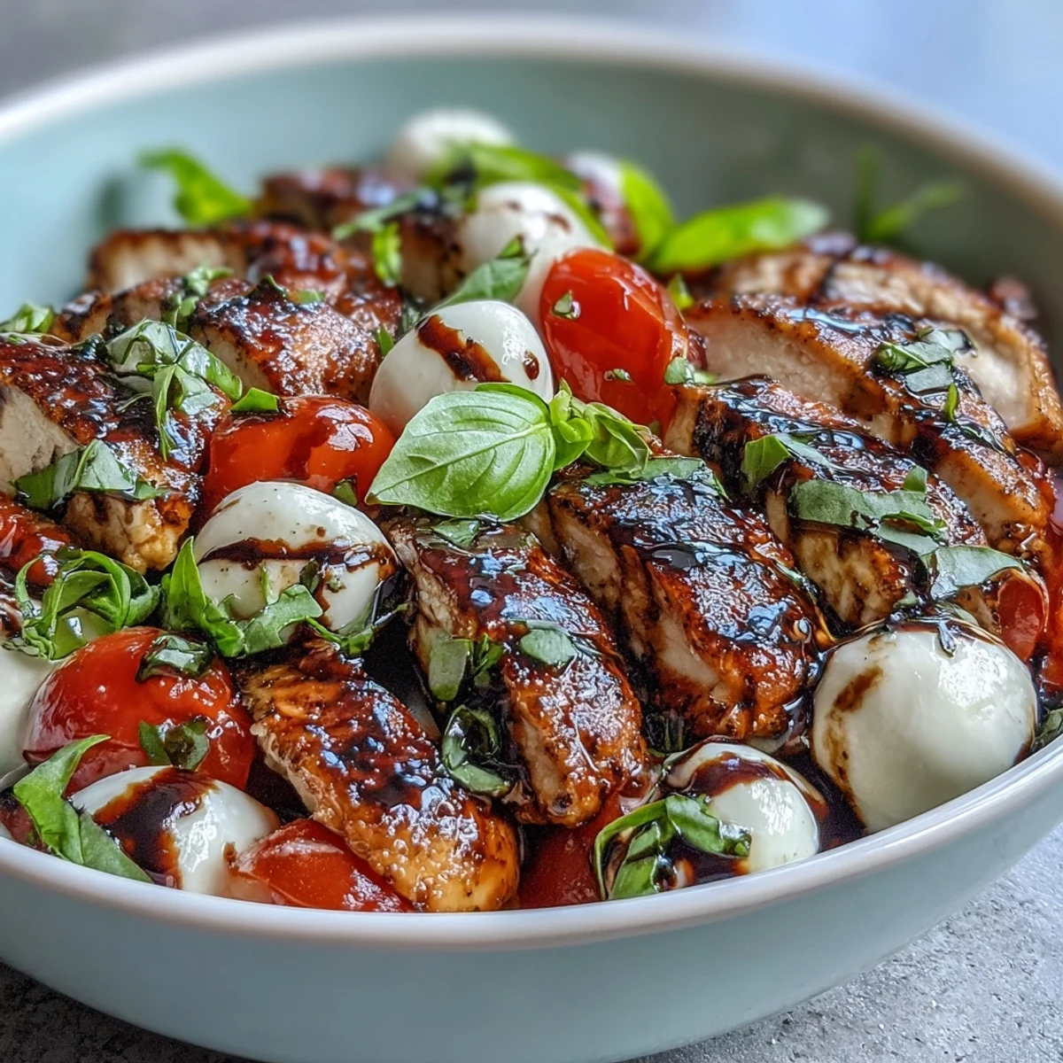 Fresh basil and a tangy balsamic reduction add bright flavor to a served Caprese Chicken Bowl with ripe tomatoes and mozzarella.