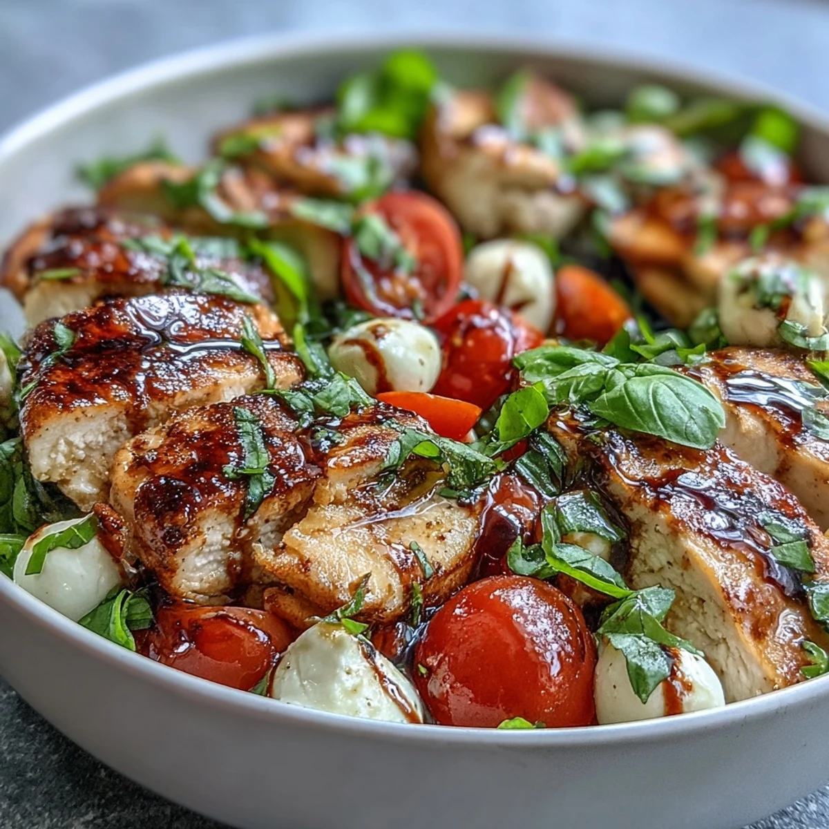 A plated Caprese Chicken Bowl showcases golden grilled chicken, creamy mozzarella, and vibrant tomatoes, perfect for a quick weeknight dinner.