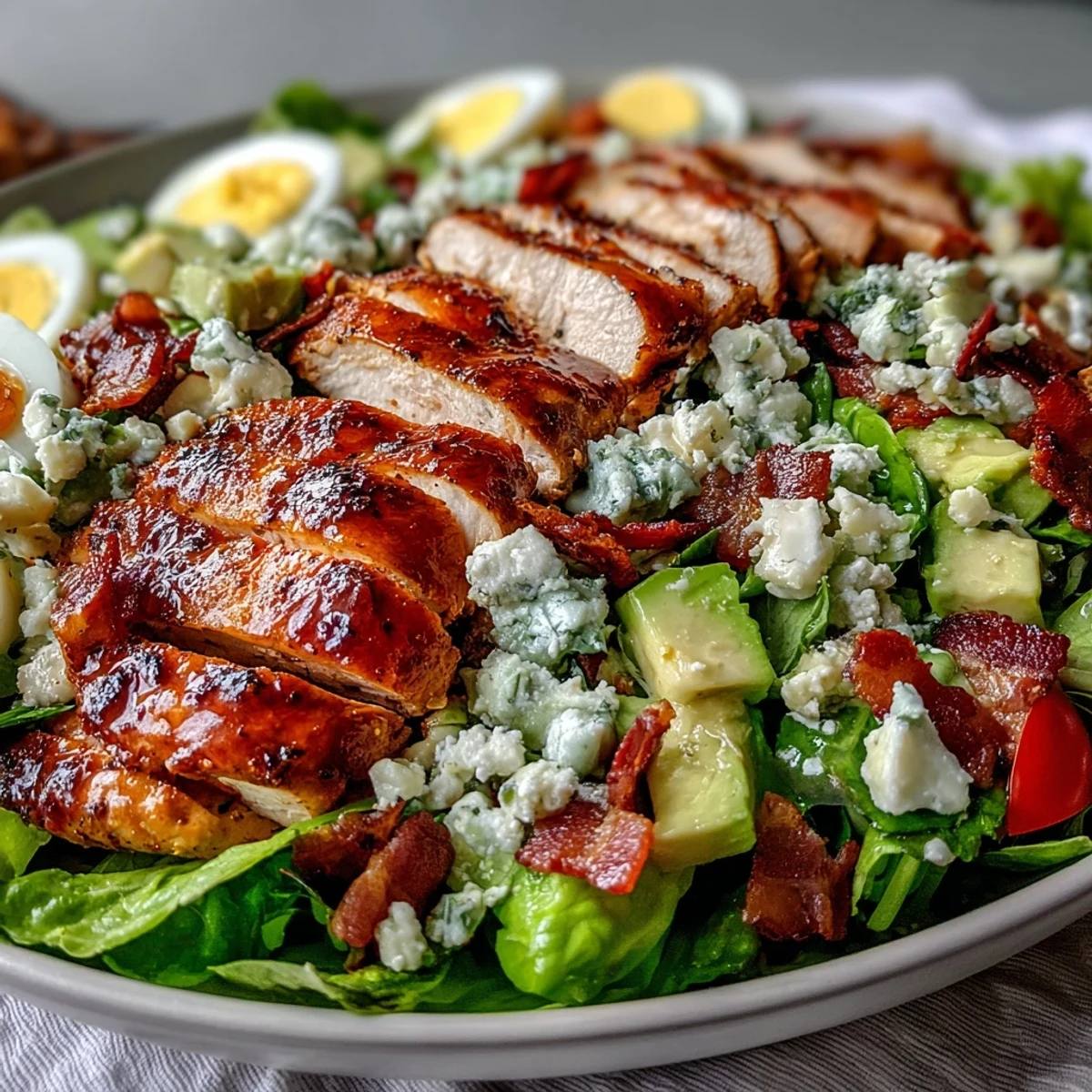 Chopped bacon and juicy tomatoes fill a classic Cobb Salad Bowl, served alongside hard-boiled eggs and tangy blue cheese.