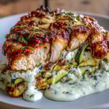 Serving suggestion for High Protein Chicken Zucchini Bake, garnished with fresh parsley and paired with a simple green side salad.