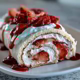 A close-up of the Strawberry Shortcake Sushi Roll dessert, showing its vibrant red berries and creamy white layers.