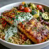 Freshly prepared Mediterranean vegetables and herbs garnish the crispy rice salmon bowl.