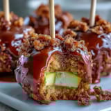 Bite-sized candy apple pieces on toothpick skewers, glossy red coating with green apple slices for a festive party treat.