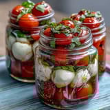 Mason Jar Caprese Salad featuring vibrant tomatoes, creamy mozzarella, and fragrant basil leaves for easy picnics.