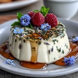 Delicate Italian dessert infused with lavender and honey, gently set to a silky texture and topped with vibrant raspberries.  