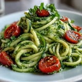 Fresh Zucchini Noodles with Avocado Pesto, lightly sautéed and coated.