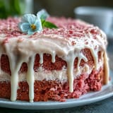 Beautifully frosted Rosé Velvet Cake with a cascade of edible gold to celebrate.