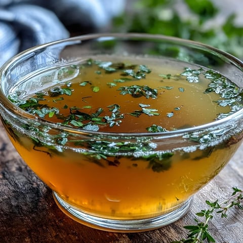 Homemade Vegetable Broth From Scraps simmering in a large pot with bay leaf, peppercorns, and fresh thyme, releasing aromatic steam.