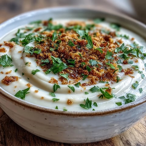Velvety Celeriac Soup With Hazelnut Crumble served steaming hot in a rustic bowl, garnished with chopped parsley for a fresh finish.