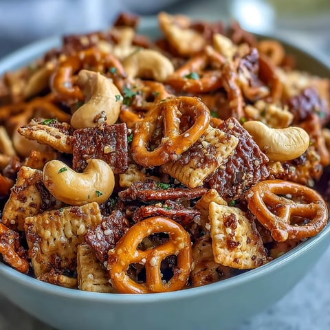 Golden-brown Everything Ranch Cheese and Pretzel Snack Mix piled high in a white ceramic bowl, featuring crunchy pretzels and cheesy crackers glistening with seasoned butter.