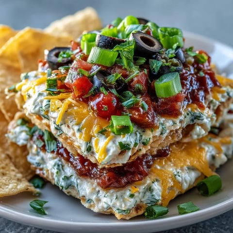 A close-up of 4-Way Layered Dip with vibrant red salsa, green onions, and black olives atop a creamy white layer, served with tortilla chips.  
