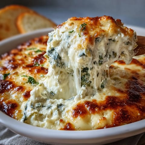 Golden baked Spinach Artichoke Dip in a white dish, bubbling with melted mozzarella and golden Parmesan, served with crunchy tortilla chips for dipping.