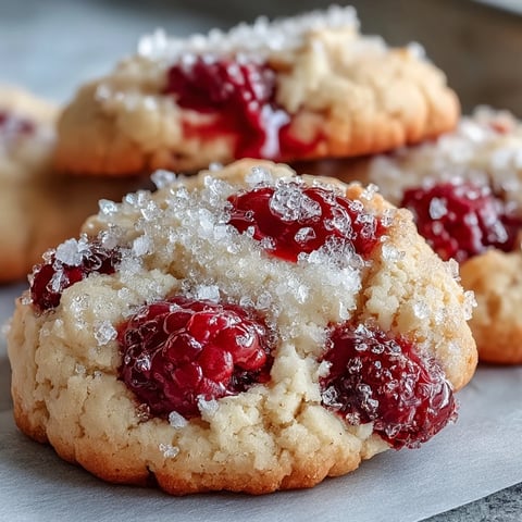 Freshly baked Soft Chewy Raspberry Sugar Cookies on a wire cooling rack with sparkling sugar coating and jammy berry pockets.
