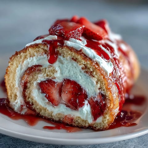 Golden-brown crepe spirals filled with fluffy sponge cake, sweet whipped cream, and fresh strawberry slices.