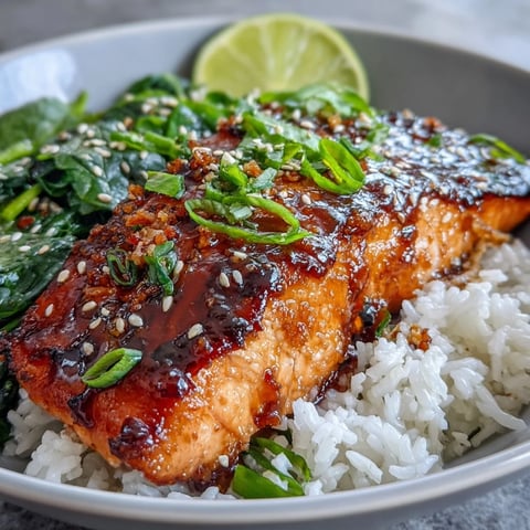 Close-up of Miso Glazed Salmon Bowl showing caramelized fish over jasmine rice and sautéed spinach, garnished with green onions and sesame seeds.