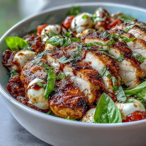 Juicy grilled chicken slices rest on greens with mozzarella and tomatoes in this Caprese Chicken Bowl, drizzled with balsamic glaze.
